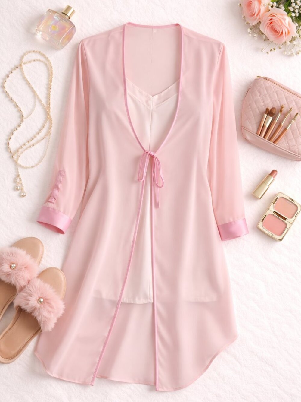 Jaclyn Smith Pink Sheer Sleepwear Robe Tie Front Lace Sleeve M